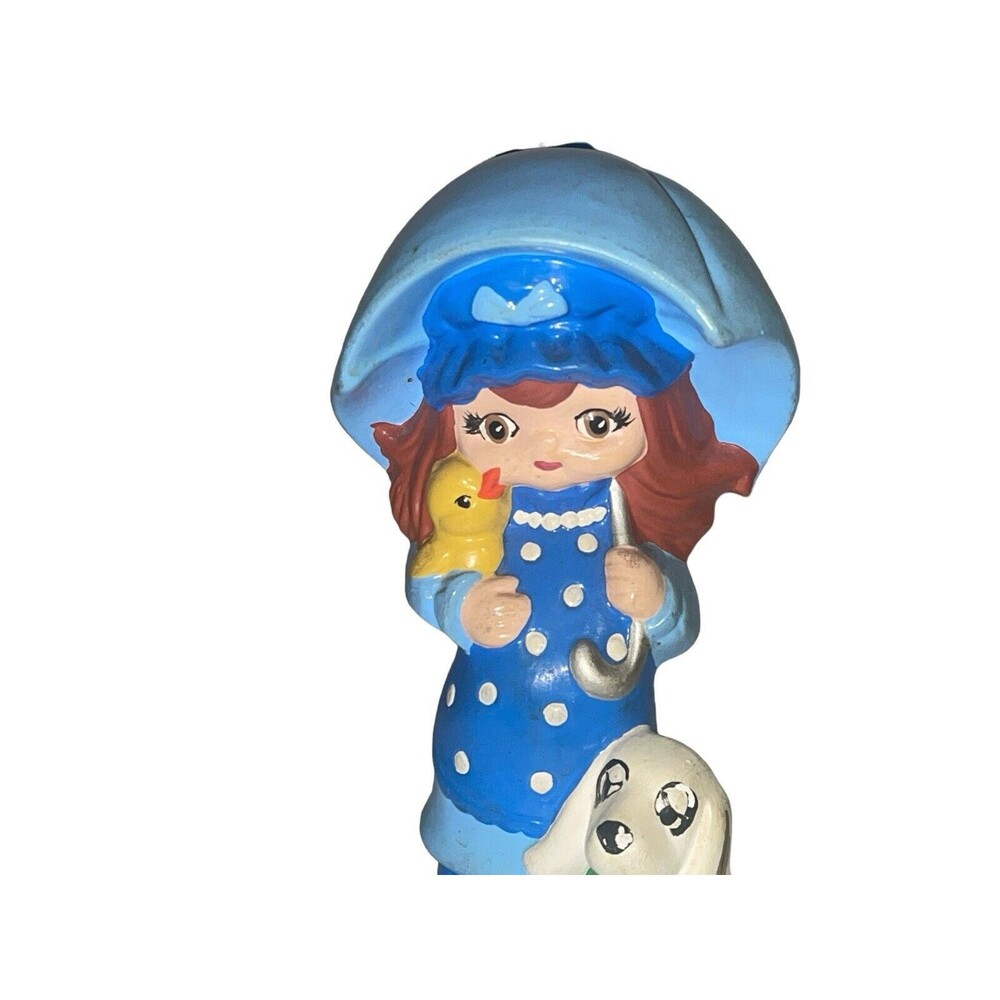 Vintage Girl Under Umbrella Blue Outfit Ceramic Music Box Girl Dog Duck RARE - Picture 4 of 15